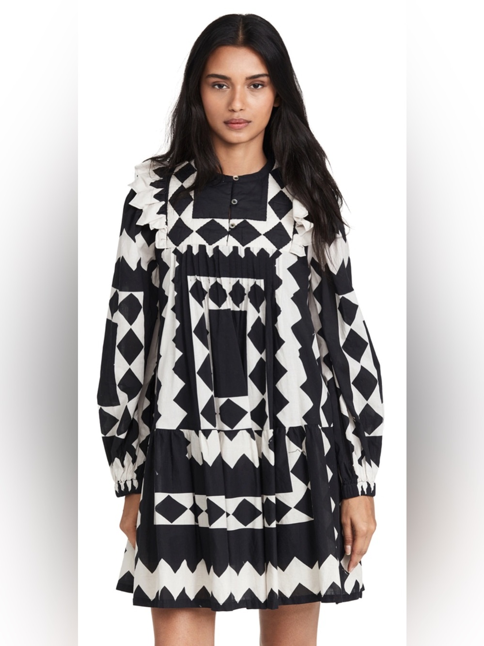Sea Helena Black & White Geometric Ruffle Long-Sleeve Mini Dress